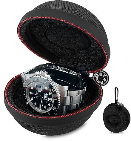 HELMDY Wasserdichte Einzelbox für Damen und Herren, Nylon Uhren-Reiseetui, Tragbare Uhren-Organisationsbox – Passend für alle Armbanduhren und Smartwatches bis 50 mm (Nylon Schwarz-1 Stück)