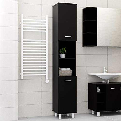 Homgoday Badezimmerschrank Badschrank Badhochschrank Hochschrank mit 6 Fächer und 2 Türen Badregal Badezimmerregal Badmöbel Schrank für Bad Wohnzimmer Schwarz 30x30x179 cm Holzwerkstoff