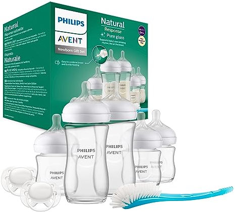Philips Avent Natural Response Newborn Glass Gift Set - 5 x Baby Bottles, 2 x Philips Avent Ultra Soft Soother 0-6 Months, Bottle Brush, BPA Free (Model SCD879/11)