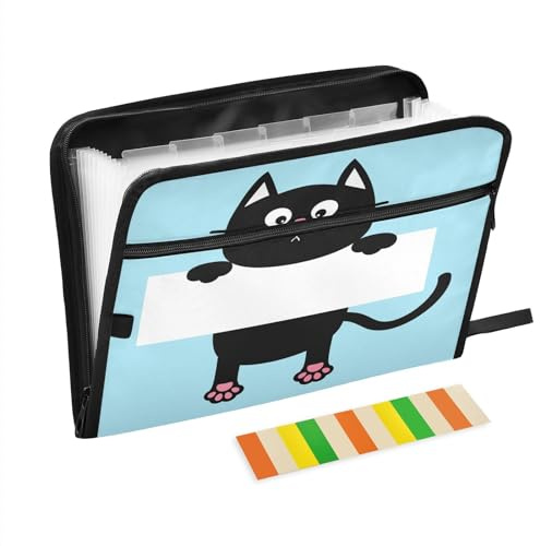 Fächermappe mit 13 Fächern, A4, Briefgröße, Papier, Akkordeon, Dokumenten-Organizer mit Reißverschluss, Büro, Schule, schwarz, lustige Katze, zum Aufhängen auf Papier