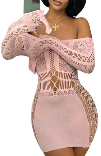 Buitifo Dam sexiga underkläder klänning one piece babydoll fisknät nattkläder, Ljusrosa, M