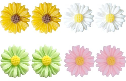 Gänseblümchen-Ohrstecker für Frauen – 4 Stück 925 Sterlingsilber-Sonnenblumen-Ohrringe, süße kleine Gänseblümchen-Sommer-Ohrstecker, weiße, gelbe, grüne und rosafarbene Sonnenblumen-Geschenk für Damen