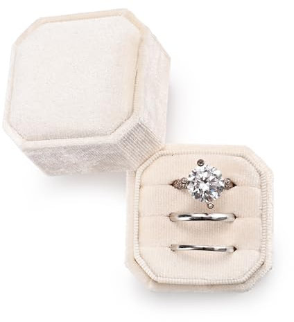 Oirlv Samt 3 Slots Achteck Ring Box 3 Ringbox für Vorschlag Verlobung Hochzeit Valentinstag(Beige)