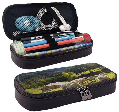 VhoMes Federmäppchen, Federmäppchen, tragbares Federmäppchen, Ledertasche für das Schulbüro,Schweizer Alpen Walliser Schwarznasenschaf Nest Tiere Natur