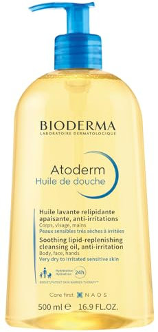 BIODERMA Atoderm Aceite de Ducha - Limpiador Calmante y Antirritante - Confort Inmediato e Hidratación Durante 24 Horas - Pieles Sensibles, Muy Secas o Irritadas - Envase con Dosificador de 500 ml