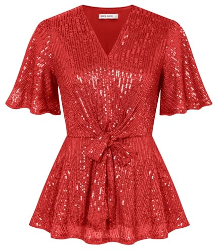 GRACE KARIN Chemisier à paillettes pour femme - Coupe trapèze - Manches courtes cloches - Col en V - Tunique festive - Avec ceinture - Pour fête et club, rouge, XL