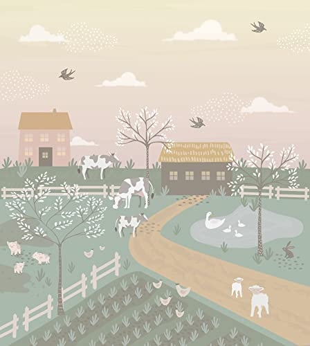 Esta Home fotomural animales de granja verde y rosa 250 x 279 cm