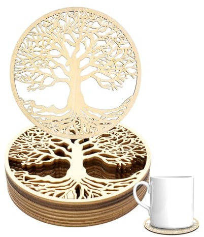 Hugwish Set Mit 8 Blume des Lebens Untersetzer Holz Für Meditation (10 X 10 cm), Untersetzern aus Premium Birkenholz, lebensblume deko