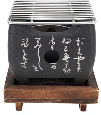Japanese Mini BBQ Grill, Table Grill Charcoal Japanese Grill with Baking Tray and Wooden Base, Small Grill Pot Portable Grill for Outdoor Balcony Patio Camping (16.5x14.5cm /