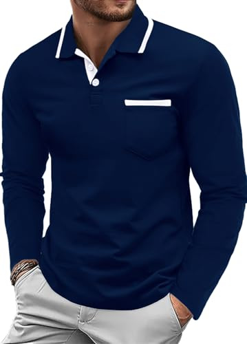 QIXING Herren Poloshirt Langarm Golf Polo Klassisches Baumwoll-Polo mit Brusttasche Casual Polo T-Shirt Pullover