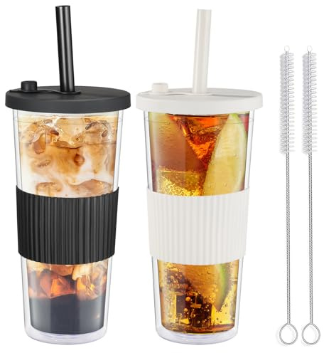 autumndeer Lot de 2 tasses à thé boba avec paille et couvercle, gobelet isotherme à double paroi – Gobelet réutilisable, large paille étanche pour café glacé et smoothie (noir et blanc)