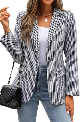 ELLEVEN Women's Lapel Collar Plaid 2 Button Boyfriend Blazer Suit Houndstooth Work Office Blazer Jacket, Black Houndstooth, M
