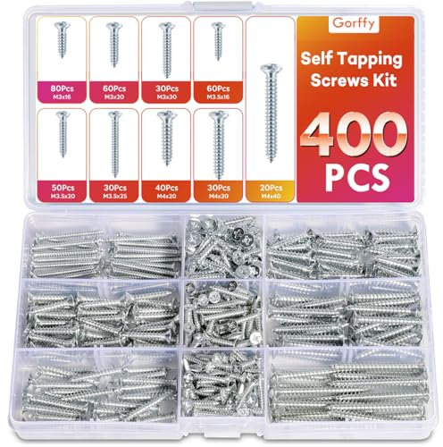 Gorffy Wood Screws, 400PCS Wood Screws Assortment, M3,M3.5,M4 Screws for Wood, Countersunk Self Tapping Screws, Zinc Coated Assorted Woods Screw for DIY, Furniture & Repairs