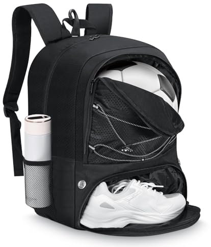 MoKo Soccer Bag Rucksack, Basketball-Rucksack für Männer & Frauen mit Separaten Ball- und Schuhfächern, Wasserdicht, Zaunhaken, Sportgerätetasche für Kleidung, Schuhe, Tablets, Laptops, Schwarz
