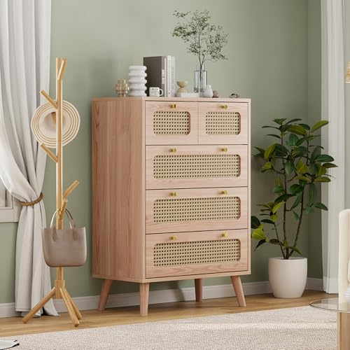LKPOMI Cómoda con 5 cajones, mimbre natural, cómoda para dormitorio, armario boho para habitación de los niños, cajonera de madera para dormitorio, salón