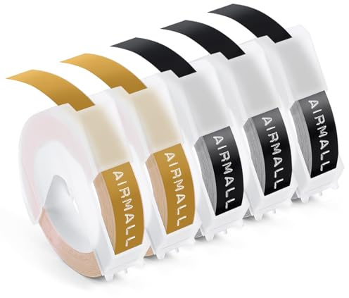 Lot de 5 rouleaux de ruban adhésif 3D en plastique compatible avec les étiqueteuses à gaufrer Omega Junior 9 mm, 2 x doré/3 x noir, compatible avec les étiqueteuses de gaufrage DYMO Omega Junior