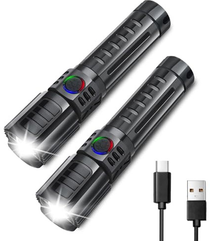 LED Torch Rechargeable, 2 Pack 2000LM Super Bright Adjustable Focus Flashlight, 3 Lighting Modes, Long Battery Life, Waterproof Pocket Size Torch for Emergency and Camping
