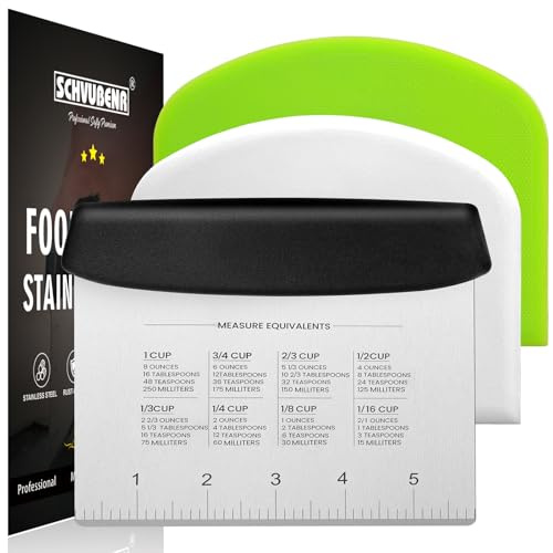 SCHVUBENR Premium Dough Scraper Set with 2 Flexible Bowl Scrapers - Stainless Steel Dough Cutter & Bench Scraper with Measuring Scale - Versatile Kitchen Scraper for Bread, Pastry, Pizza, Cake - Black