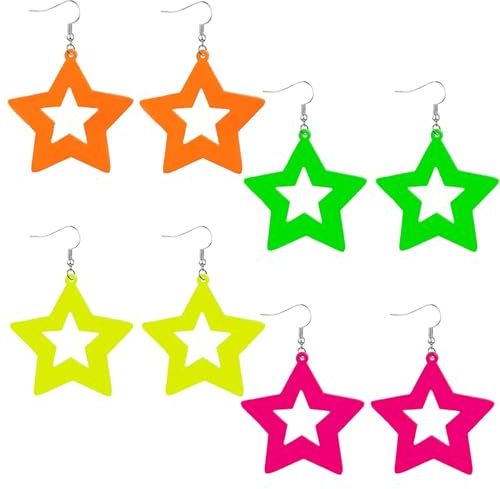 4 Paar Neon Ohrringe,Retro Acryl Stern Creolen Bunte Ohrringe 5x5cm,90er Jahre Outfit Accessoires Fasching Disco,Karneval Accessoires Karneval Zubehör Vintage Ohrring Für Kostüm Party Disco