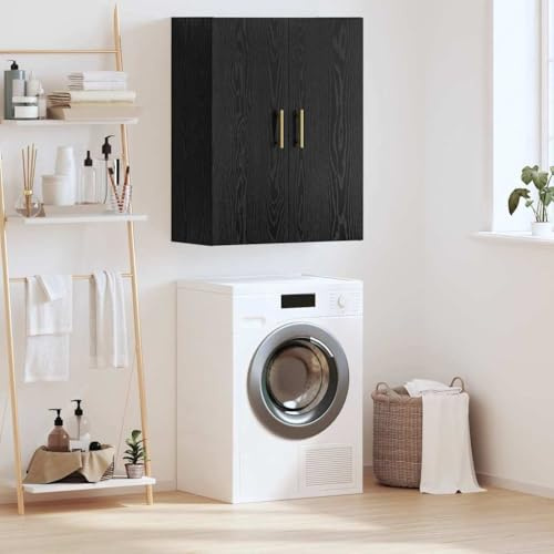 Pangshiyuan Armario de pared con 2 puertas y estantes de madera, moderno armario de almacenamiento para salón, pasillo, garaje, color negro, 69,5 x 34 x 90 cm