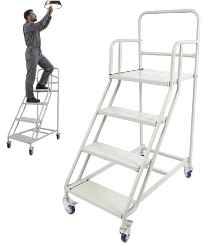 KANBCNG 4-Stufige Rolltreppe Sicherheitsleiter 4 Stufen Leiter Podesttreppe Fahrbar Stehleiter 4 Stufen Podestleiter aus Stahl 60x100x100cm 4-Stufige Industrie- und Lagertreppe Plattform Tritthocker