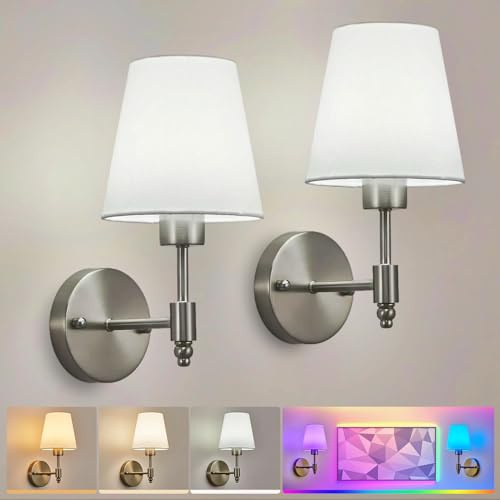 HARPER LIVING Batteriebetriebene Wandleuchten im 2er-Set – Stofflampen mit wiederaufladbaren Leuchtmitteln & Fernbedienung, 3 CCT & 9 RGB, dimmbare kabellose Wandlampen (Satin-Nickel)
