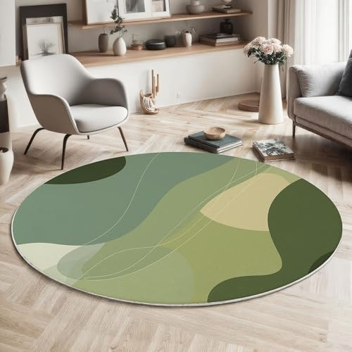 MLSOWM Kurzflor Teppich Rund 120cm, Tarngeometrie Weicher Kreis Teppich mit Anti-Rutsch Unterseite, Waschbar, Minimalismus Runder Teppiche für Kinderzimmer Esszimmer Büro, Olivgrün