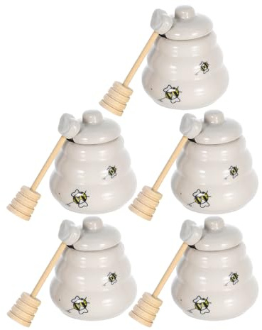 ROMISBABA Ensemble 5 Pièces Pots à Miel en Céramique avec Cuillère et Couvercle Pot à Miel Cuisine Motif Abeille Décoratif Stockage Pratique et Sécurisé