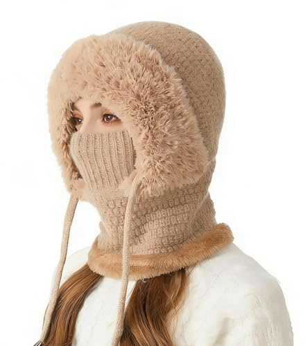 Youkly Bonnet 3 en 1 pour femme, bonnet d'hiver chaud tricoté avec écharpe et masque facial, cagoule en tricot coupe-vent pour l'extérieur, le ski, la randonnée, cadeau d'hiver, kaki, Taille unique