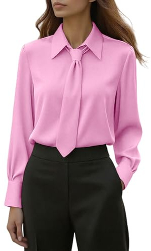 Damen Bluse mit Krawatte Vintage Satinhemd Langarm V-Ausschnitt Elegant Business Mode Locker Geschnitten Oberteil Einfarbiges Basic Shirt Stilvolle Tunika Frauen Kleidung Büro Freizeit