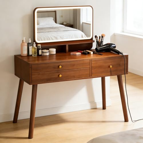 LLNWDNB Tocador con Espejo Luces LED Regulables Tocador de Maquillaje con 3 Estantes,3 Cajones Abiertos Patas Mesa Madera Maciza Mesa Tocador para Dormitorio Tocadores Marrón 100cm