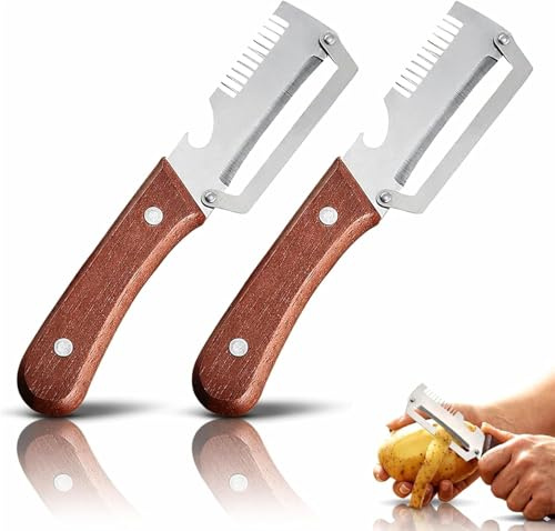 Pelador Verduras Multifunción, 3-in-1 Stainless Steel Wide Blade Potato Peeler with Built-in Scallion Shredder & Bottle Opener Zanahorias Abrir Botellas Vino Sin Esfuerzo (2 PCS)