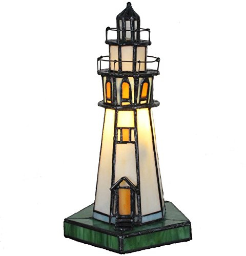 Bieye L30221 Lampada da tavolo decorativa in vetro colorato a forma di faro, luce notturna, adatta per la decorazione della casa (Bianco, 15 x 15 x 25 cm (L x P x H))
