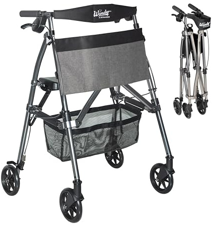 Stander Wonder Rollator Plus, Lightweight Folding Mobility Rolling-Walker, EZ Fold-N-Go-Rollator for Seniors and Adults, 6-inch Wheels, Locking Brakes and Padded Seat with Backrest, Black Walnut