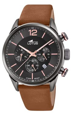 LOTUS Reloj Hombre Analógico de Cuero Marrón - Movimiento de Cuarzo - Cronógrafo - Calendario - Cristal Mineral de Alta Resistencia - Resistente al Agua 10 ATM Casual 18687/2 Chrono