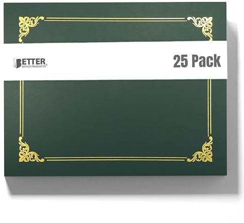 Better Office Products 25 Pack Green Certificate Holders, Diploma Holders, Document Covers with Gold Foil Border, for Letter Size Paper, 25 Count, Hunter Green