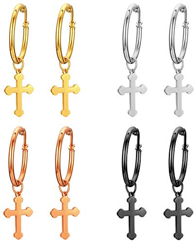 Aroncent Damen Ohrringe, Creolen Ohrhänger mit Kreuz Kruzifix Anhänger Charme Persönalisierte Ohrstecker Edelstahl 4 Paare