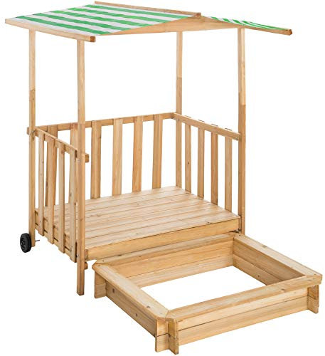 tectake 800792 Sandkasten mit Dach, Spielhaus mit Sandkasten aus Holz, Sandkiste mit Veranda und Geländer, Sandbox mit Abdeckung und Sonnenschutz - Diverse Farben - (Grün | Nr. 403240)