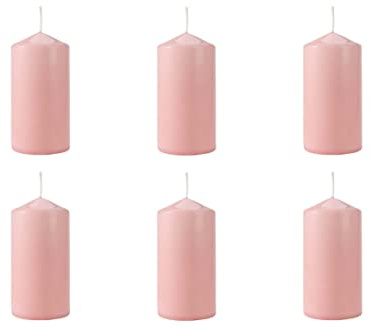 Stumpenkerzen Hellrosa Säulenkerzen Rosa Blockkerzen, Durchmesser 6 cm, Höhe 12 cm, geruchsneutral, lange Brenndauer 38h, Set 6 Stück (1 Box)