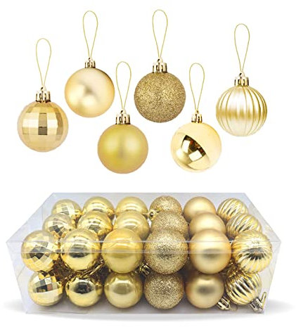 Zueyen Lot de 36 Boules de Noël décoratives, Boules de Sapin de Noël à Suspendre incassables, Brillantes et Scintillantes avec Boucle de Suspension pour Arbre de Noël, Mariage, fête, Vacances (doré)