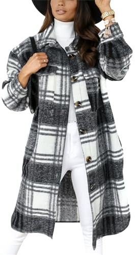YMING Femmes Casual Plaid Revers Vintage Long Jacket Plus Size Plaid Pocket Jacket