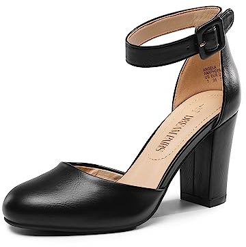DREAM PAIRS Zapatos de Tacón Acho Cómodos Clásicos de Punta Redonda Zapatos de Salón Alto con Tira de Tobillo Bodas y Fiestas Negro-PU Angela Talla 39EU/8US