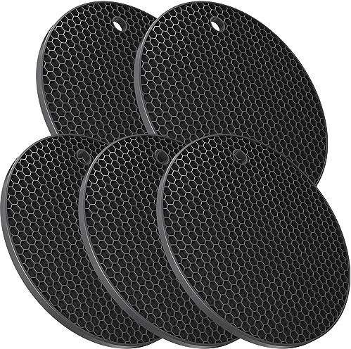 Ultra Thick 8mm Silicone Trivets for Hot Dishes Pots and Pans, Silicone Trivet Mat Hot Plates to Protect Table, Silicone Hot Pads for Kitchen Thek, Pot Holders, Black Trivet Set of 5