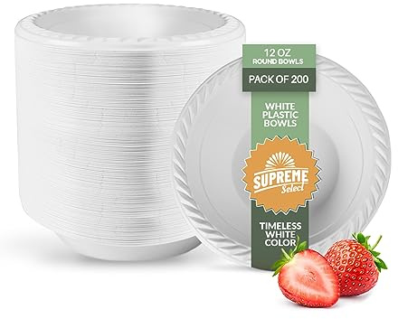 Supreme Select 200 Pack White Plastic Disposable Bowls – 12 oz BPA-Free Microwaveable Bowls with Rim for Soup, Salad, Dessert – Sturdy Disposable Plastic Bowls for Parties, Weddings, Kitchen Use