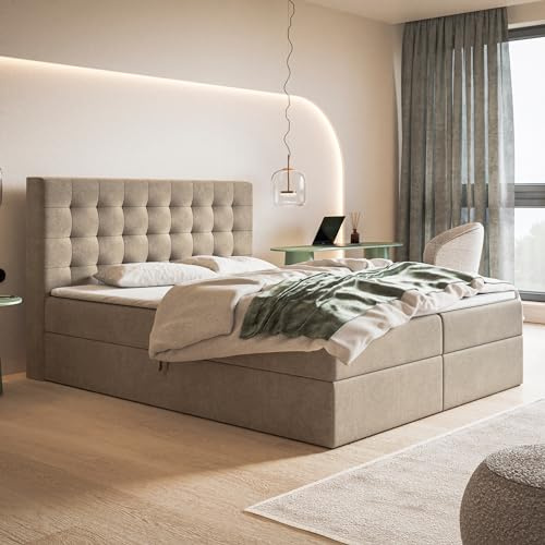 MOTIVENA Costa Boxspringbett 180x200 Beige Samt, mit Bonellfederkern-Matratze (H4), mit T28 Komfortschaumstoff Topper (H3), Boxspringbett 180x200 mit Bettkasten Beige