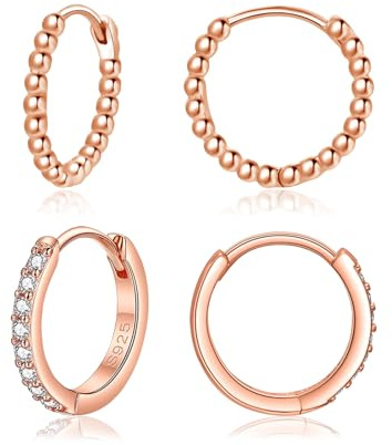 Bewenda Creolen Silber 925 Klein, 925 Sterling Silber Ohrringe Creolen mit Zirkonia Kugeln, 2 Paar Rosegold Ohrringe Kreolen Set für Damen Mädchen, Hypoallergen Schlafen 12mm /14mm Huggie Ohrschmuck