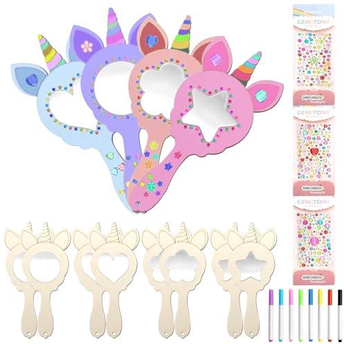 GAROMIA 12 Stück Einhorn Spiegel Holz Basteln Kindergeburtstag Holzspiegel Einhorn Holz Bastelset DIY Handwerk Kinderspiegel Prinzessin für Mädchen Bastelset Party ﻿ ﻿