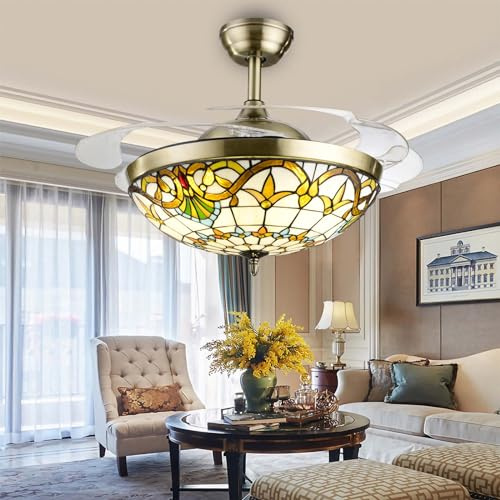Ventilatore con Luce da Soffitto Pale a Scomparsa, 107cm Lampadario LED con Ventilatore da Soffitto Vintage, Ventilatore a Lampadario Tre Temperature di Colore 6 Velocità-Transparent