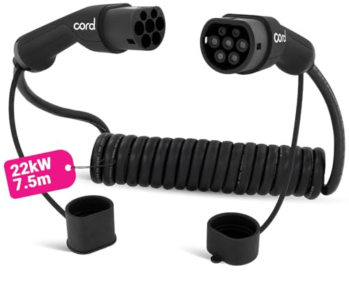 Cord Type 2 to Type 2 EV Coiled Charging Cable, 32amp, 22kW, 7.5 Metre (5.5m usable), Three Phase