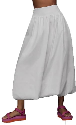 Acrawnni Women Y2k Bubble Maxi Skirt Low Elastic Waist Ruffle Pleated A-line Long Skirts Summer Beach Loose Fit Cute Puffball Balloon Skirt (A-White, M)